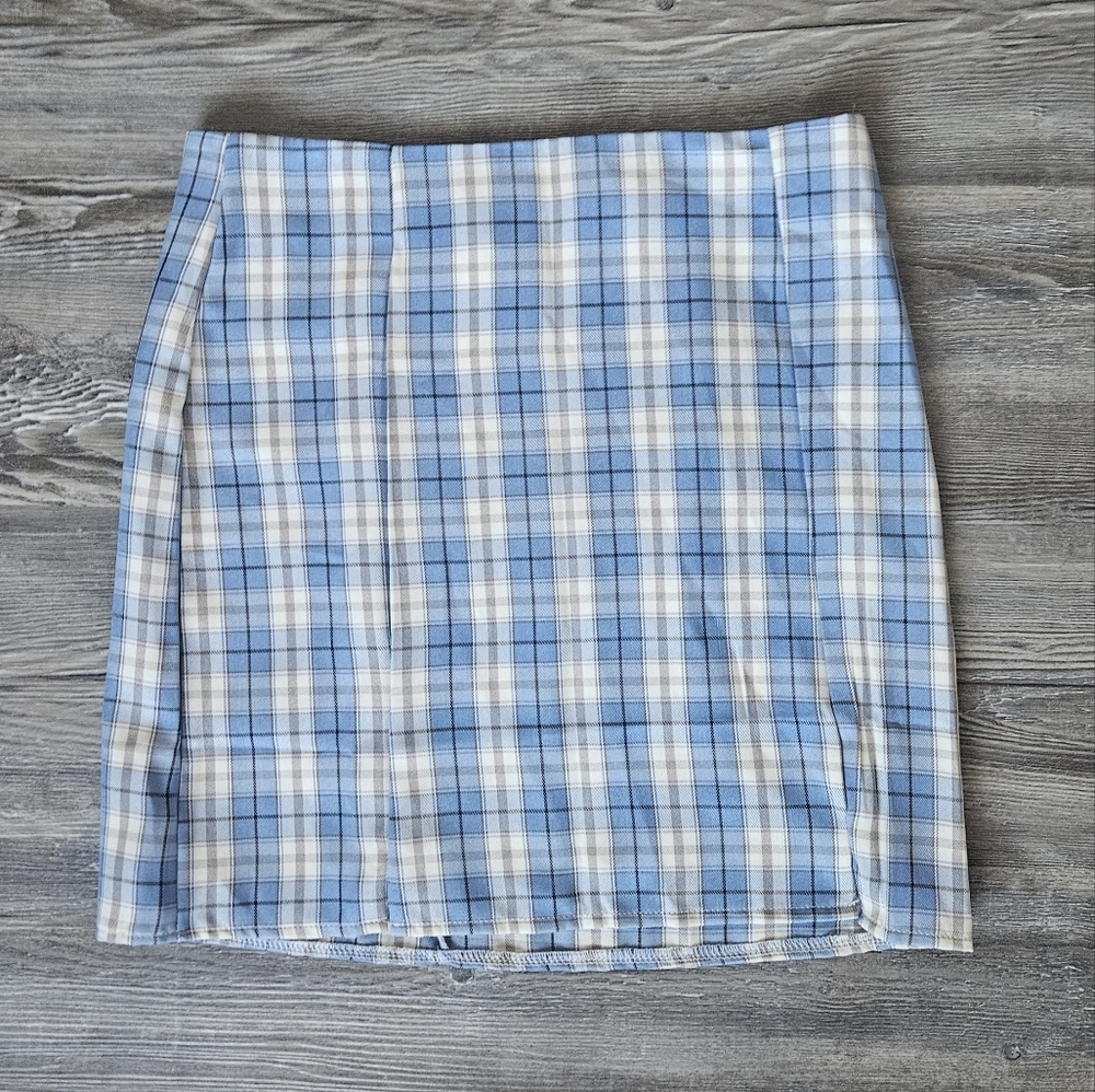 Blue Plaid Split Mini Skirt